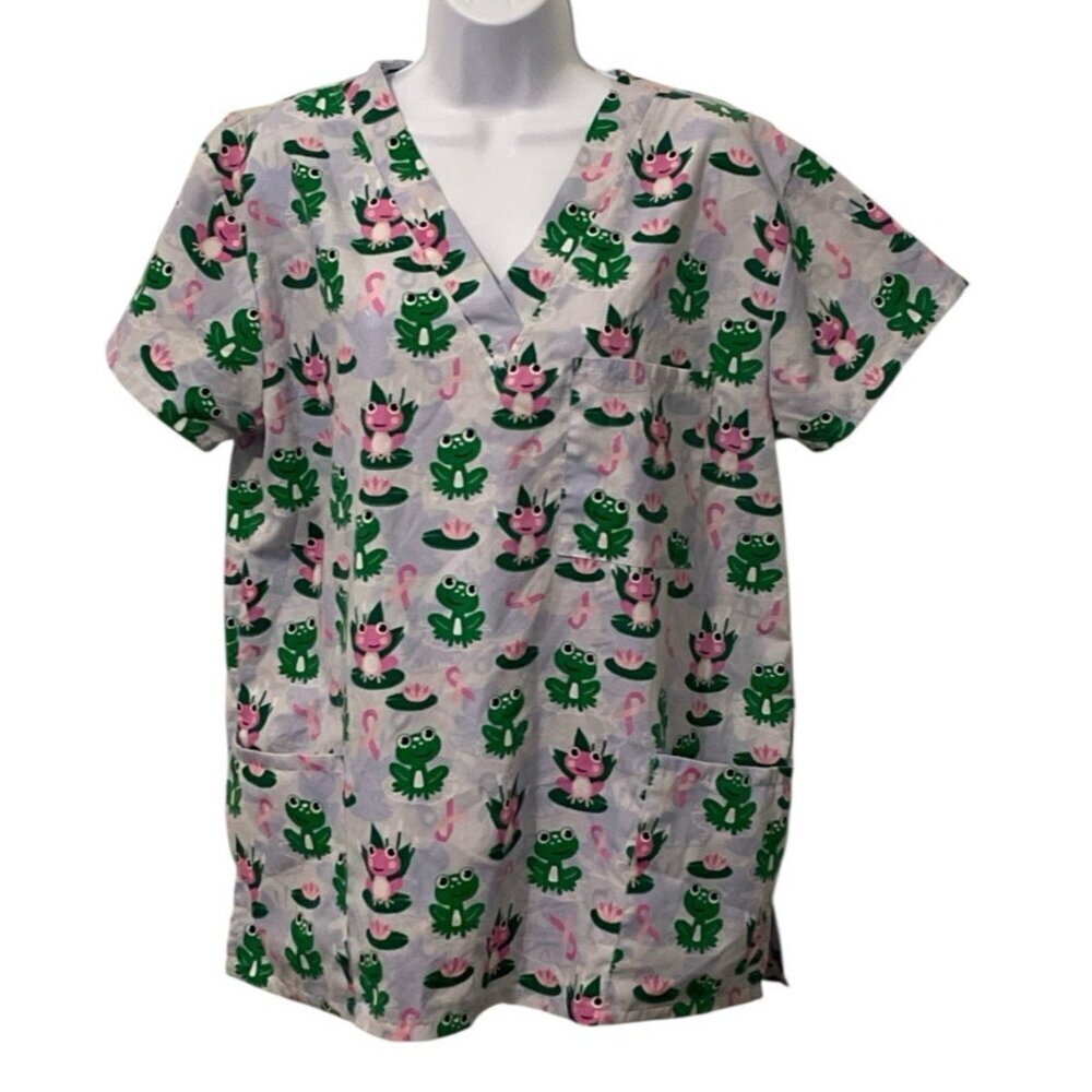 Samantha Mara Womens Medical Scrub Size L White Green Frogs Pink Ribbons Pockets